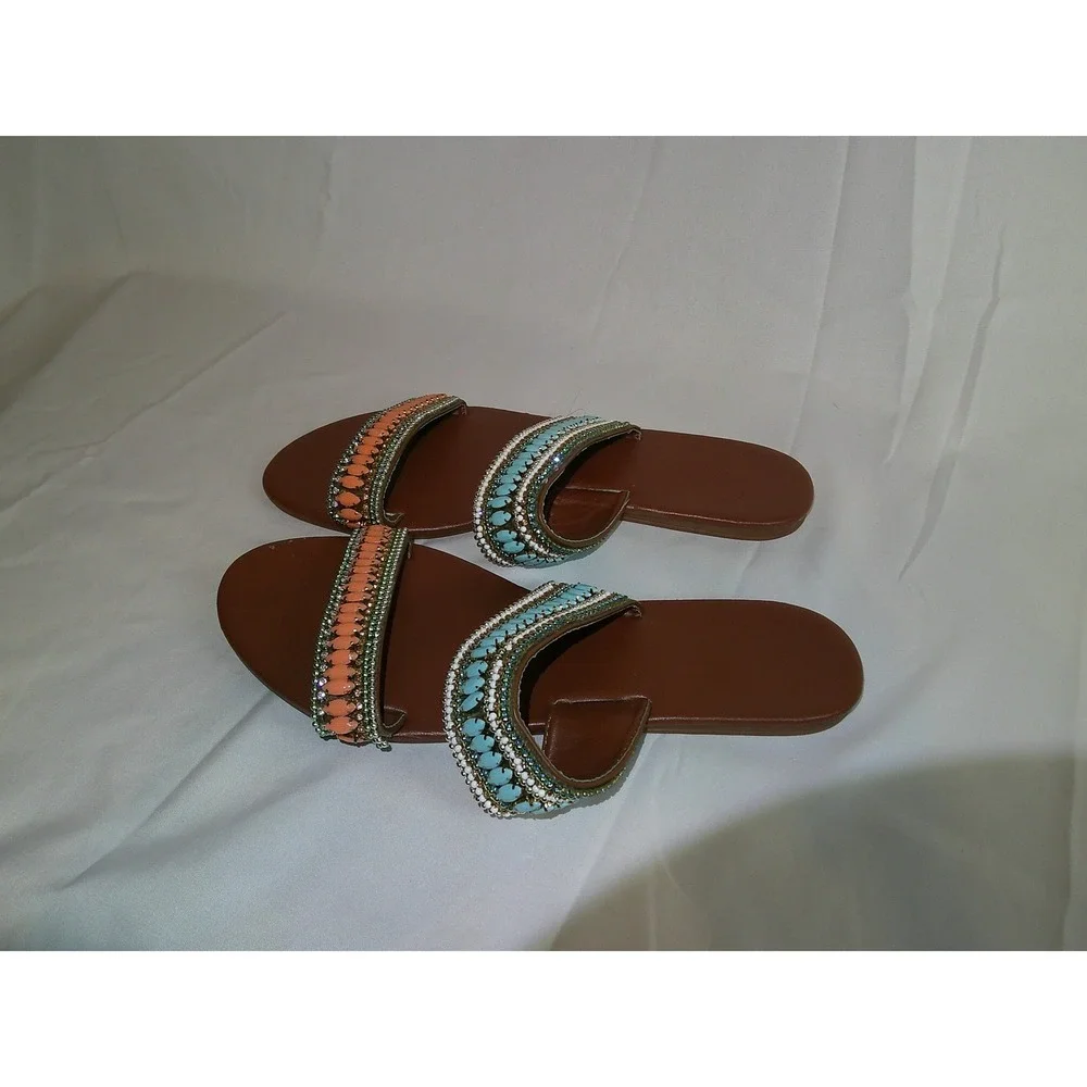 Beaded Slide Sandals Turquoise Orange Straps‎ Flats Shoes Women's Size 8